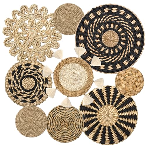 LOMOHOO Set of 9 Boho Wall Basket Decor Wicker Woven Wall Basket Decorations Bohemian Handcrafted Round Basket Hanging decor Bulrush Wall Art Decors for Living Room Rustic Home - color: Modern