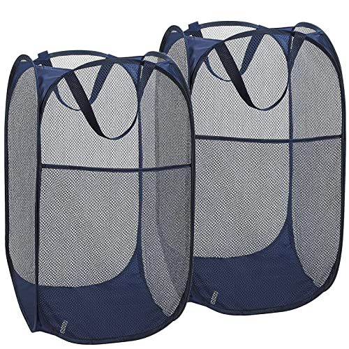 2 Pack Laundry Hamper,Foldable Mesh Popup Laundry Basket with Durable Handle,Easy to Open and Fold for Dorm, Laundry Room, Bedroom, RV(blue+ blue)… - color: blue+ blue