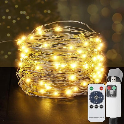 Rechargeable Fairy Lights Plug In 33FT 100 LED,8 Modes Fairy Lights Battery Operated with Remote Timer USB Charging, IP65 Waterproof Outdoor Camping Lights, for Camping Patio Christmas Bedroom Decor
