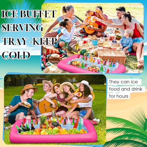 Leitee 5 Pcs Inflatable Serving Bar Kit Includes Salad Buffet Tray with Drain Plug Mesh Food Cover Food Drink Containers and Inflator for Ice Supplies Summer Party Camping Picnic(Pink) - color: Pink