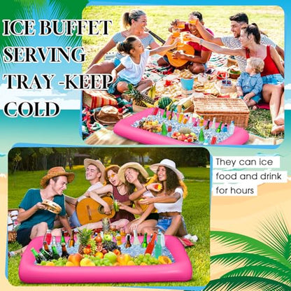 Leitee 5 Pcs Inflatable Serving Bar Kit Includes Salad Buffet Tray with Drain Plug Mesh Food Cover Food Drink Containers and Inflator for Ice Supplies Summer Party Camping Picnic(Pink) - color: Pink