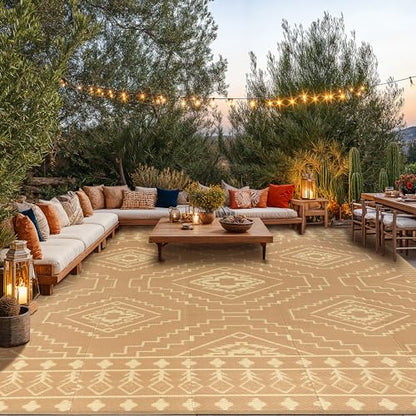 LBRO2M Plastic Straw Outdoor Rug Waterproof Rugs 8X10 UV Resistant Moroccan Geometric Reversible RV Rug for Outside Camping Rugs for Patio, Picnic, Beach (8X10, Brown)
