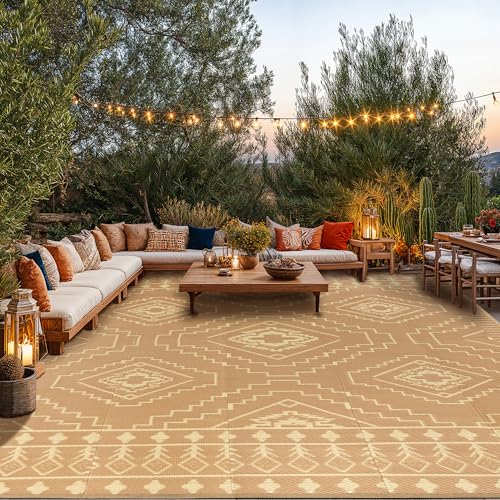 LBRO2M Plastic Straw Outdoor Rug Waterproof Rugs 8X10 UV Resistant Moroccan Geometric Reversible RV Rug for Outside Camping Rugs for Patio, Picnic, Beach (8X10, Brown)