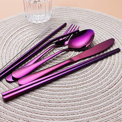 8-Piece Portable Stainless Steel Flatware Set, Travel Camping Cutlery Set with Purple Waterproof Case - color: Purple