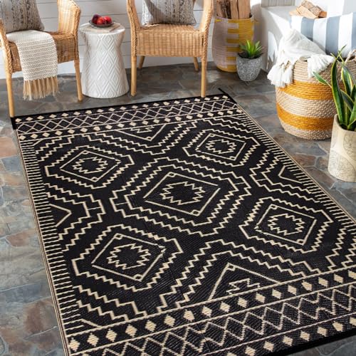 Wonnitar Outdoor Rug for Patio Clearance, 5x8 Waterproof Reversible Plastic Straw Rug, Moroccan Outside RV Area Rug for Camping, Outdoor Portable Mat for Deck Balcony Porch (Black & Beige,5'x8') - color: Black & Beige, size: 5' x 8' (Rectangular)