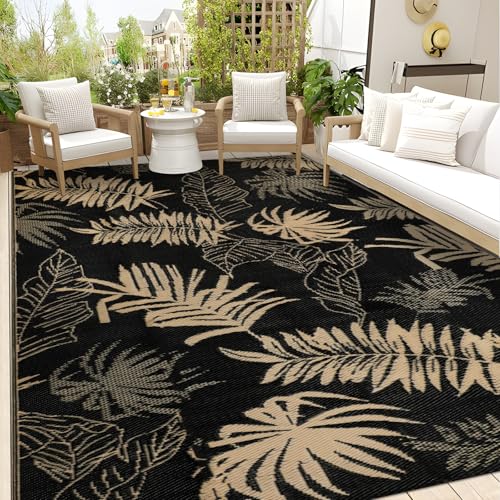 Falflor Outdoor Rug Waterproof 9x12 Reversible Plastic Straw Rug Patio Rug Indoor Outdoor Rugs Large Area Rug Carpet for RV Camping Backyard Deck Picnic Balcony Beach - color: Black With Tan, size: 9' x 12' (Rectangular)