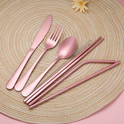Portable Stainless Steel Flatware Set, Travel Camping Cutlery Set, Portable Utensil Travel Silverware Dinnerware Set with a Waterproof Case (Pink) - color: Pink