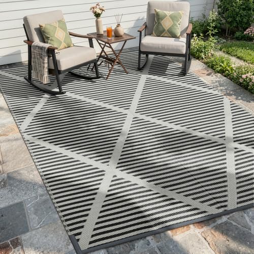 Wonnitar Outdoor Rug 6x9, Waterproof Reversible Plastic Straw Rug for Patio, Foldable Camping Mat with Carry Bag for RV, UV-Resistant Outside Rug for Deck, Balcony, Beach, Black & Grey - color: Boho - Black & Grey, size: 6' x 9' (Rectangular)