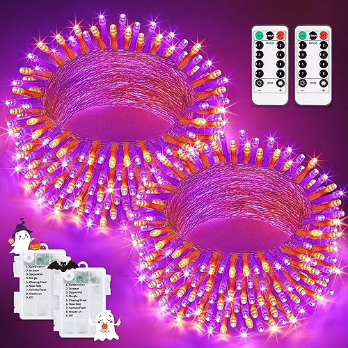 JMEXSUSS 2 Pack Orange Purple Battery Operated Halloween Lights, Each 33ft 100 LED Battery Powered String Lights with Remote Outdoor Indoor - color: Orange&Purple, size: 2*100LED