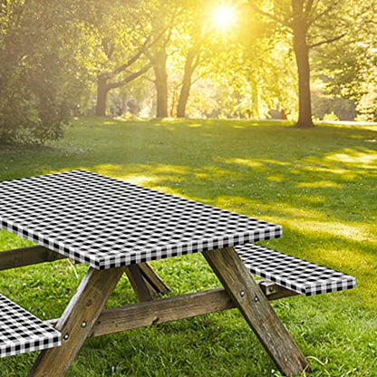 8.5ft Picnic Table and Bench Cover, Camping Essentials RV Gear, 102 in Waterproof Windproof Outdoor Elastic All Around Tablecloth, Fitted Rectangle Tables and Seats, Black-White Checkered - color: Black-white Checkered, size: 102"
