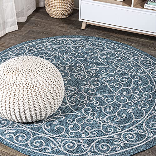 JONATHAN Y Vintage Filigree Indoor Outdoor Round Area Rug 8 Ft Teal/Gray, Charleston Textured Weave for Backyard, Patio, Porch, Easy-Cleaning, High Traffic, Pet-Friendly, Non-Shedding (SMB106F-8R) - color: Teal/Gray, size: 7'9" (Round)