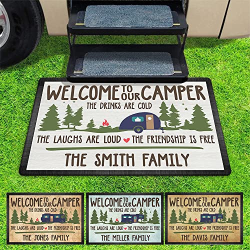 Personalized Welcome to Our Camper Doormat - Custom Family Name The Drinks are Could The Laughs are Loud The Friendship is 16 x 24 inches - color: Style 2