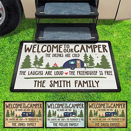 Personalized Welcome to Our Camper Doormat - Custom Family Name The Drinks are Could The Laughs are Loud The Friendship is 16 x 24 inches - color: Style 2