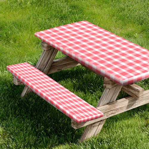 Picnic Table Cover and Bench Covers, Fitted Tablecloth Cover with Elastic Edge, Water and Oil Proof, for Outdoor, Garden, Camping, 72x28 Inch, 3 Pieces Set, Red & White - color: Red & White, size: 72 Inches