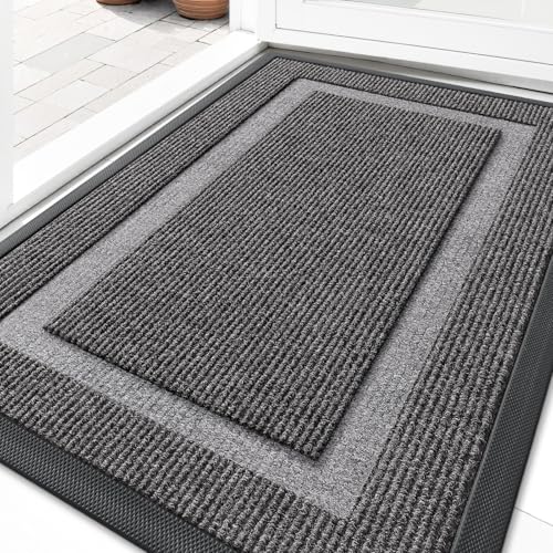 OLANLY Front Door Mat Indoor Outdoor Entrance, Waterproof All-Season, All-Weather Doormat, Sturdy Natural Rubber, Fade Resistant, Low Profile, Easy Clean Patio Porch Entryway Mat, 33x21, Dark Grey - color: Dark Grey, size: 33" x 21"