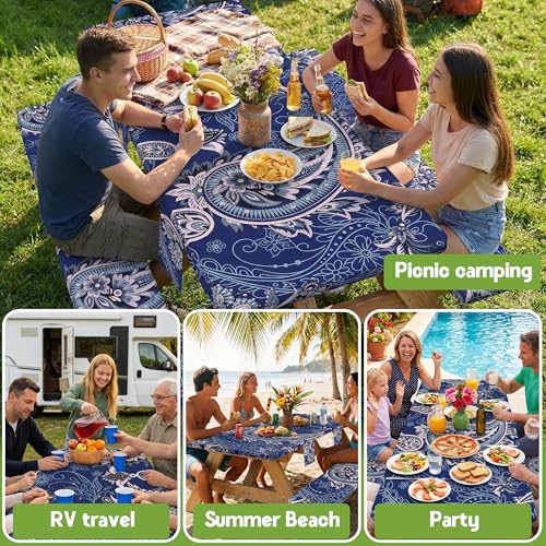 Picnic Table Cover with Bench Covers Waterproof Elastic Rectangle Reusable Folding Tablecloth Manteles Mantelería Camping Essentials Rv Car Travel Supplies Table Cloth Outdoor Road Trip Camper Gifts - color: Blue Paisley, size: 72in