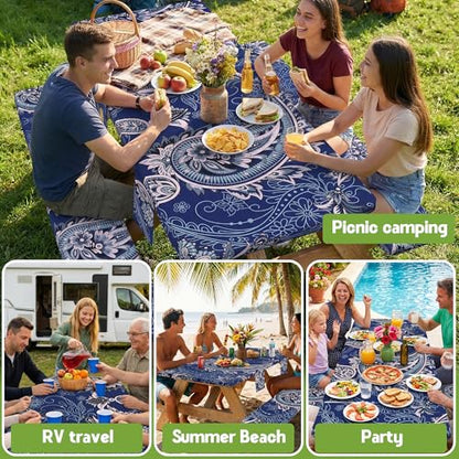 Picnic Table Cover with Bench Covers Waterproof Elastic Rectangle Reusable Folding Tablecloth Manteles Mantelería Camping Essentials Rv Car Travel Supplies Table Cloth Outdoor Road Trip Camper Gifts - color: Blue Paisley, size: 72in