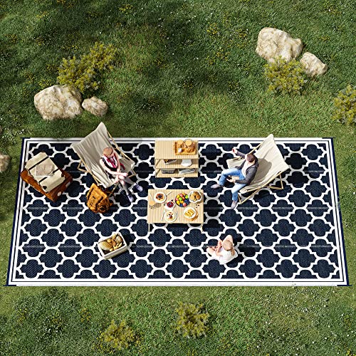 Outsunny Reversible Outdoor Rug, 9' x 18' Waterproof Plastic Straw Floor Mat, Portable RV Camping Carpet, Large Floor Mat for Backyard, Deck, Picnic, Beach, Blue & White - color: Dark Blue, White, size: 8'11" x 17'11" (Rectangular)