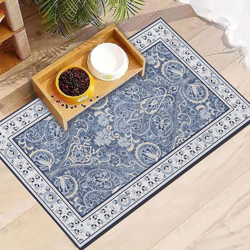 Blue Floral Pet Feeding Mat, Absorbent Dog/Cat Food Mat for Food and Water Bowl, Non-Slip Quick Dry Pet Placemat Floor Protector for Messy Drinkers(12 x 20 in) - color: Blue Floral, size: 12x20in