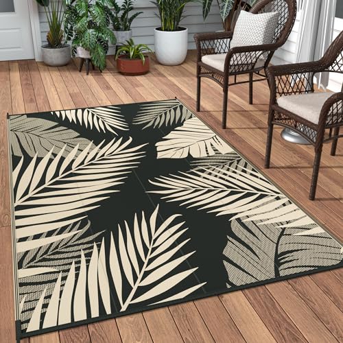 GENIMO Outdoor Rug 3' x 5' Waterproof for Patios Clearance, Reversible Outdoor Plastic Straw Camping Rug Carpet, Large Area Rugs Mats for RV, Camper, Deck, Balcony, Porch, Beach, Picnic, Black&Beige - color: Black & Beige, size: 3' x 5' (Rectangular)
