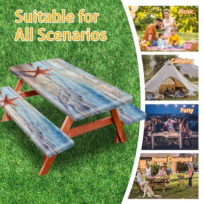 Park Picnic Table Cover with Bench Covers Lightweight Camping Essentials, Oil-Proof Waterproof 3PCS Tablecloth with Elastic, Fitted for Table 6FT Rectangle and Seats, Board Beach (72x30in) - color: Board Beach