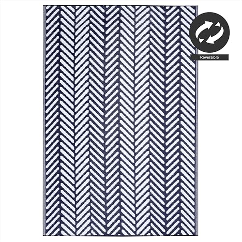 FH Home Outdoor Rug - Waterproof, Fade Resistant, Reversible - Premium Recycled Plastic - Herringbone - Large Patio, Deck, Sunroom, Camping, RV - Fresno - Navy Crease Free - 6 x 9 ft - color: Fresno - Navy, size: 6' x 9' (Rectangular)