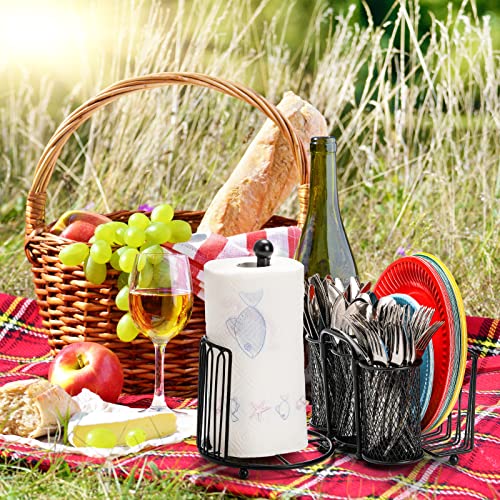 Elsjoy Picnic Utensil Holder Caddy with Handle & Paper Towel Holder, Metal Silverware Organizer Portable Flatware Holder for Cutlery, Fork, Spoon, Plate, Napkin