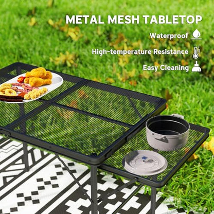Outsunny Folding Grill Table, 4.5 ft Portable Camping Table with 2 Wing Panels, Height Adjustable Metal Outdoor Table with Mesh Desktop for Picnic, Beach, BBQ, Party, Black