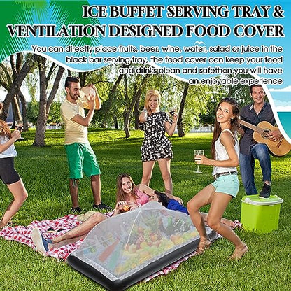 Leitee 5 Pcs Inflatable Serving Bar Kit Includes Salad Buffet Tray with Drain Plug Mesh Food Cover Food Drink Containers and Inflator for Ice Supplies Summer Party Camping Picnic(Black) - color: Black