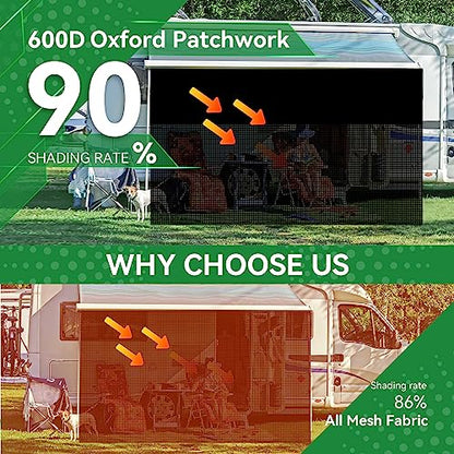 RV Awning Shade Screen with Zipper 9' x 19'3'', 600D Oxford Top + Mesh Bottom, RV Sun Shade Screen for Awning, RV Shade Complete Kits for Trailer Camper - size: 9’ x 19’3”