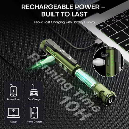 EDC Flashlight Rechargeable,800 Lumen Small Flashlight with Magnetic Clip & Base, 11 Modes LED Flashlight,Glass Breaker&Bottle Opener, USB-C Flashlight for Working,Home and Emergency - color: Green