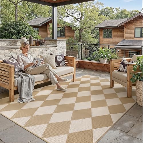 Outdoor Plastic Checkered Rug Waterproof Patio 5x8 Beige Brown Diamond Geometry Mat for Porch Camping RV Balcony Deck Courtyard Reversible Lightweight Durable Portable - color: Diamond | Beige/Brown, size: 5' x 8' (Rectangular)