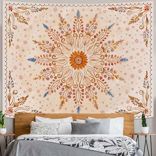 Fowocu Boho Floral Mandala Tapestry for Bedroom Aesthetic Watercolor Bohemian Flower Wall Tapestry Brown Beige Hippie Indian Extra Large Tapestries Wall Hanging for Living Room Dorm Decor 90 x 68 Inch - color: Brown Yellow, size: 90"L x 68"W