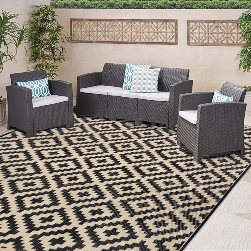 SAND MINE Waterproof Outdoor Rug 8x8 ft, Plastic Reversible Rug, Modern Area Rug, Large Floor Mat for Outdoors, RV, Patio, Backyard, Deck, Picnic, Beach, Camping, Black & Beige - color: Black & Beige, size: 8' x 8'