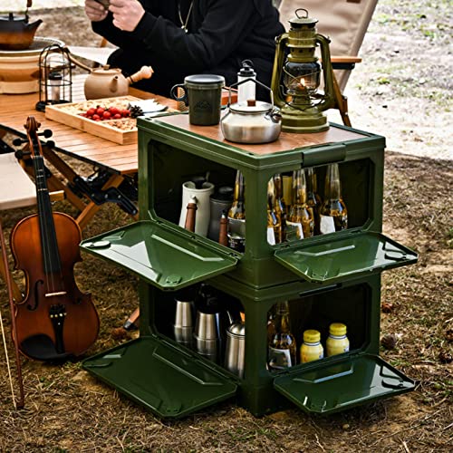 Foldable storage box, plastic campsite with wooden lids, storage tank with 50 lane and casters 50L, for camping, car trunk (OD Green) - color: OD Green