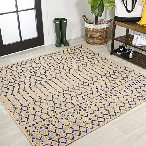 JONATHAN Y Moroccan Geometric Indoor Outdoor Square Area Rug 5X5 Beige/Navy, Ourika Textured Weave for Backyard, Patio, Porch, Easy-Cleaning, High Traffic, Pet-Friendly, Non-Shedding (SMB108H-5SQ) - color: Beige/Navy, size: 5'3" x 5'3" (Square)