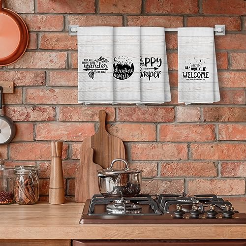 Camping Kitchen Towels, Dish Towels, Gifts for Women Men, RV Decor, Campsite Decor, Happy Camper Hand Towel, Supplies for RV Campers 12x12 Inch Set of 4