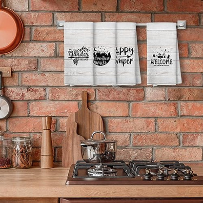Camping Kitchen Towels, Dish Towels, Gifts for Women Men, RV Decor, Campsite Decor, Happy Camper Hand Towel, Supplies for RV Campers 12x12 Inch Set of 4