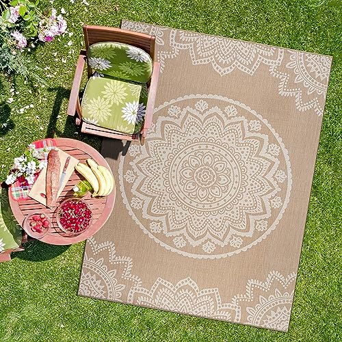 CAMILSON Outdoor Rug 8x10 Modern Area Rugs for Indoor and Outdoor Patios and Porches - Waterproof, Washable, Non-Shedding, Easy-to-Clean Outside Carpet (8 x 10, Medallion - Beige/White) - color: Medallion - Beige / White, size: 8' x 10' (Rectangular)