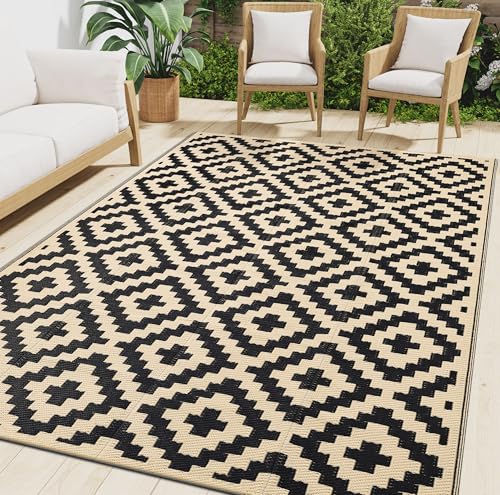 Smiry Waterproof Outdoor Rug 8x10 ft, Reversible Plastic Straw Patio Camping Rugs, Outdoor Indoor RV Mat Carpet for Patio, Outside Entry, Backyard, Deck, Bench, Picnic, Camper, Black & Beige - color: Black and Beige, size: 8' X 10' (Rectangular)
