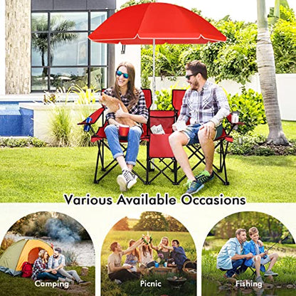 Goplus Double Camping Chair with Umbrella, Folding Loveseat Chairs w/Canopy Shade, Carrying Bag, Table, Cup Holder, Portable Beach Chairs Outdoor Picnic Patio (Red) - color: Red