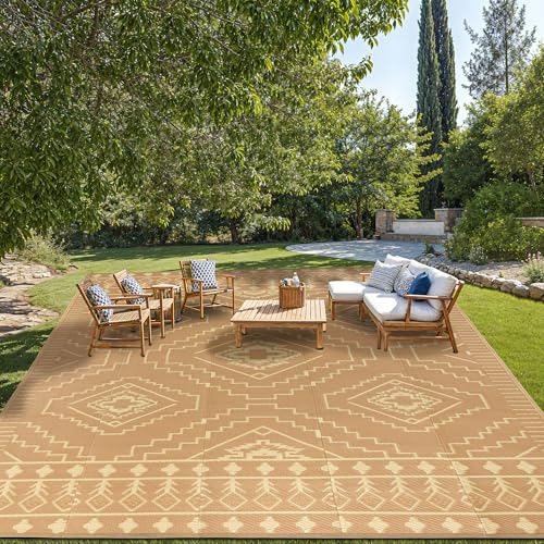LBRO2M Plastic Straw Outdoor Rug Waterproof Rugs 8X10 UV Resistant Moroccan Geometric Reversible RV Rug for Outside Camping Rugs for Patio, Picnic, Beach (8X10, Brown)