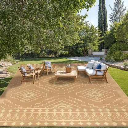 LBRO2M Plastic Straw Outdoor Rug Waterproof Rugs 8X10 UV Resistant Moroccan Geometric Reversible RV Rug for Outside Camping Rugs for Patio, Picnic, Beach (8X10, Brown)