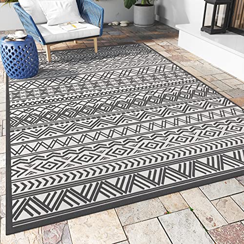 Outdoor Rug Carpet 8x10 ft, Flatweave Textured Outdoor Patio Rug Non Slip Indoor Outdoor Rugs with Rubber Particles Backing Boho Outdoor Area Rug for Patio Deck Front Porch Backyard Balcony - color: Greyish Black, size: 8' x 10' (Rectangular)