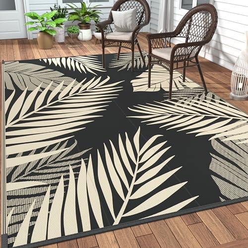 GENIMO Outdoor Rug 8' x 10' Waterproof for Patios Clearance, Reversible Outdoor Plastic Straw Camping Rug Carpet, Large Area Rugs Mats for RV, Camper, Deck, Balcony, Porch, Beach, Picnic, Black&Beige - color: Black & Beige, size: 8' x 10' (Rectangular)