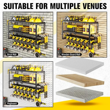 Hipidian Power Tool Organizer Wall Mount- 300lb Capacity 3-Tier Storage Rack with 7 Drill Holders for Garage Tools, Best Birthday Tools Gifts for Men Dad Husband - size: 7 Slots 3 Layers