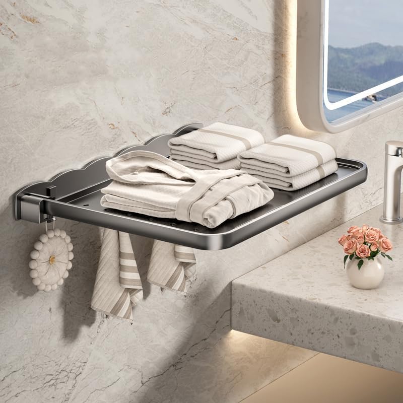 Folding Bathroom Wall Shelf, 6-Shelf Modern Aluminum Foldable Shelf, 15.7"L x 12.4"W x 4"H, Wall Mounted, For Bathroom, Kitchen, RV, Camper, Balcony