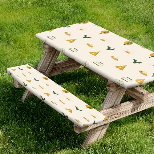 Picnic Table Cover and Bench Covers, Fitted Tablecloth Cover with Elastic Edge, Water and Oil Proof, for Outdoor, Garden, Camping, 72x28 Inch, 3 Pieces Set, Blue & White, Camping Cartoon - color: Camping Cartoon, size: 72 Inches