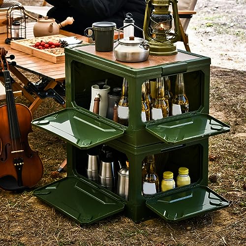 Yoidesu Camping Storage Box with Pulley, 5 Sides Opening, Foldable, for Car Outdoor Use (Green)
