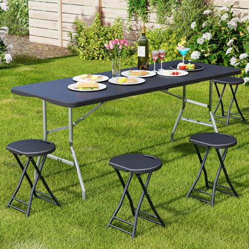 4 Pack Folding Stools with Foldable Table 6ft, Heavy Duty Dining Table and Chairs with Lock Function & Carrying Handle, Portable Indoor/Outdoor Furniture Set for Camping, Picnic, Party Black - color: Black, size: Pack of 4+6Ft Table